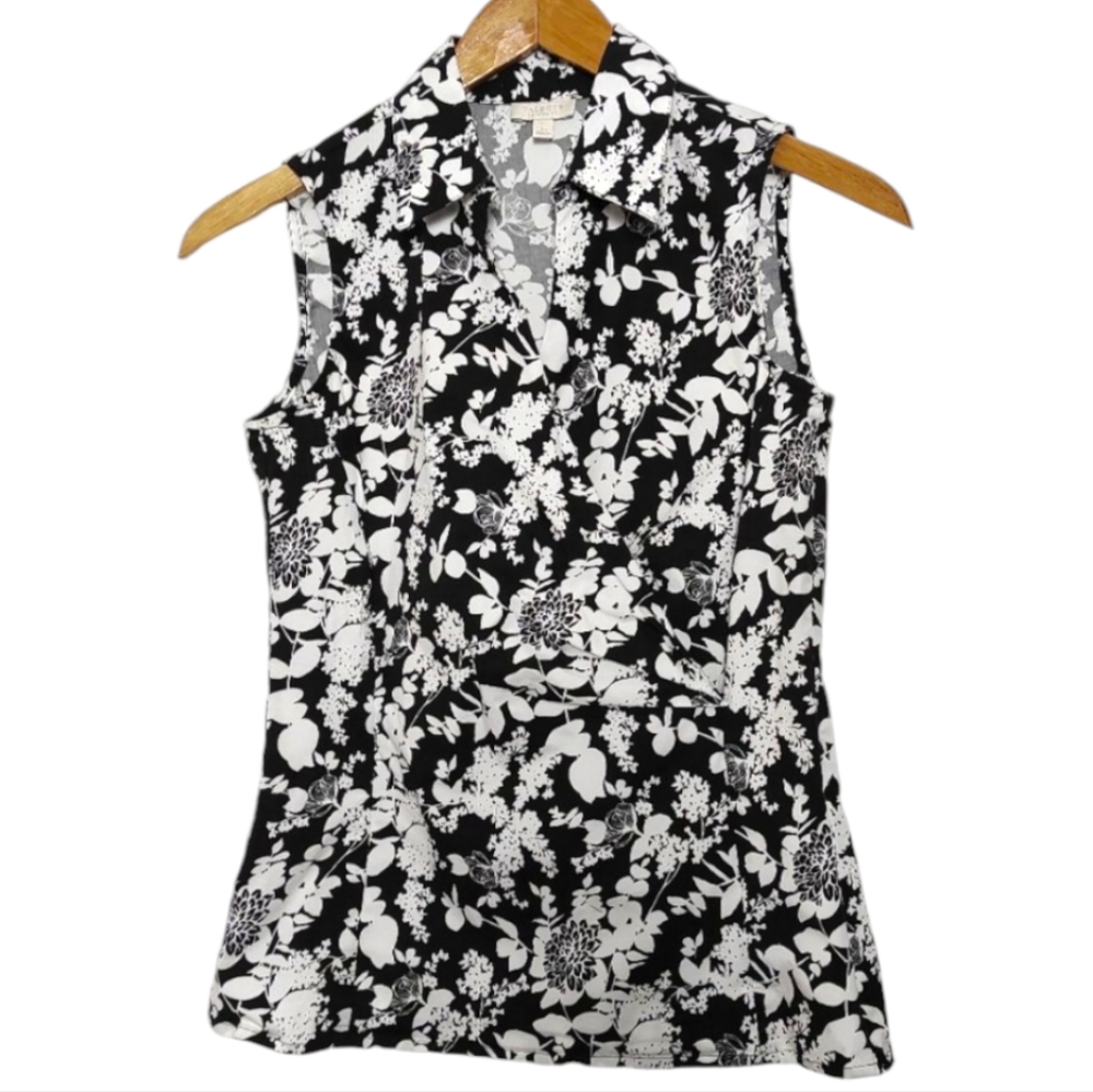 Talbots Surplice Sleeveless Shirt Floral Faux Wrap Stretch Cotton Black White 2P